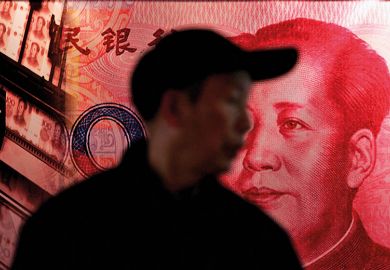 Man with image of Chinese banknote Man with image of Chinese banknote