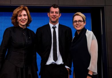 Chris Mills with Margaret Gardner (left) and journalist Sabra Lane