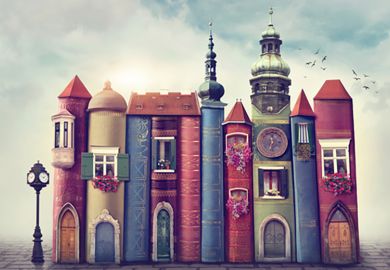 Illustration of a city scene made of books