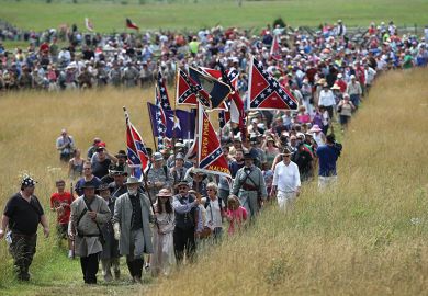 A re-enactment of Pickett’s Charge on the 150th anniversary of the Battle of Gettysburg on July 3, 2013 to illustrate a review of “American Exceptionalism: A New History of an Old Idea” by Ian Tyrrell