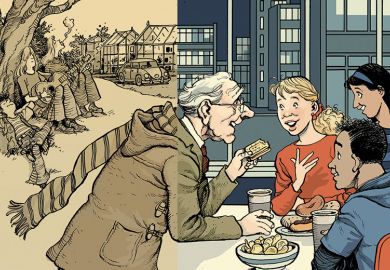 Illustration of elderly professor with students