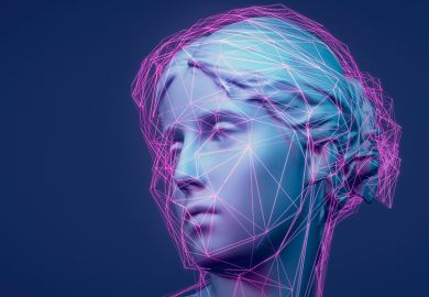 Classical statue with purple network lines to illustrate artificial intelligence transforming the way universities operate 