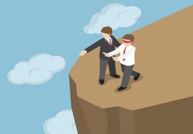 A person directs a blindfolded person off a cliff, illustrating bad debt advice