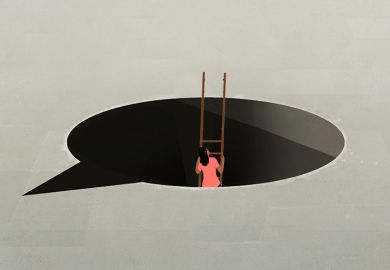 A girl trying to climb out of a speech bubble hole, with a ladder that is broken. To illustrate whether the English language testing tools used by universities are good enough for students to succeed.
