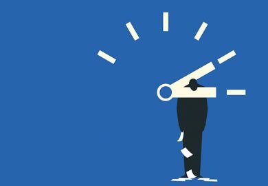 Illustration of office worker caught in clock hands