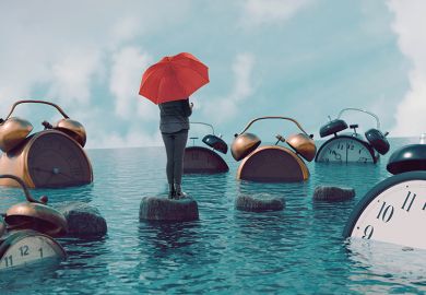 Montage: woman with umbrella stands on stepping stone, surrounded by clocks floating in water