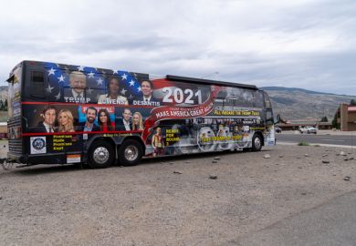 Cody, Wyoming - July 5, 2021 Donald Trump Train Make America Great Again bus parked in a parking lot for a Republican Party Trump Rally