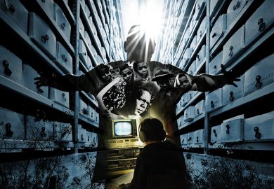 Montage of the children of the Templeton family (1954), two Australian Aborigines holding boomerangs (circa 1935) and a visitor sits at a reconstructed Stasi secret police surveillance corner