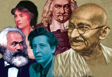 Montage of portraits of Karl Marx, Mary Wollstonecraft, Thomas Hobbes, Gandhi and Hannah Arendt illustrating review of ‘Confronting Leviathan: A History of Ideas’ By David Runciman