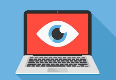 An eye stares out of a computer screen, symbolising online proctoring