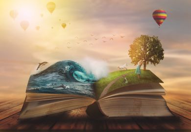 Concept of an open magic book; open pages with water and land and small child. Fantasy, nature or learning concept, with copy space
