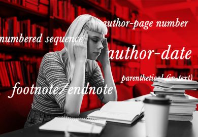 A stressed student in a library with various referencing styles in text around her.