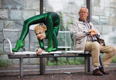 Contortionist next to an older man on a bench illustrating flexibility of young universities