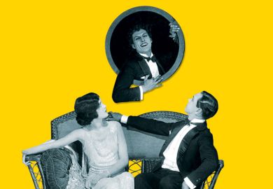 Couple looking at man smiling through open porthole