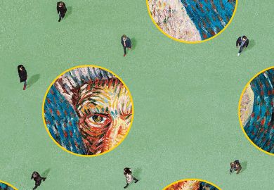People walking among circles of images of a Van Gogh painting People walking among circles of images of a Van Gogh painting