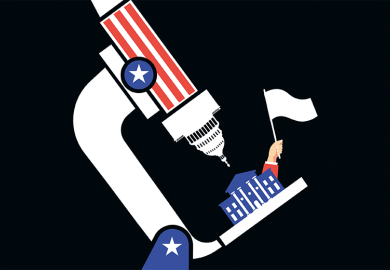 Illustration: a microscope made up of a Capitol building looks down on a university waving a white flag Illustration: a microscope made up of a Capitol building looks down on a university waving a white flag