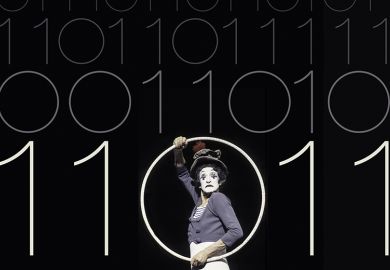 Mime artist Marcel Marceau holding a hoop and surrounded by the figures one and zero, like computer language