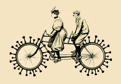 Woman and man on a tandem bike with coronavirus wheels Woman and man on a tandem bike with coronavirus wheels