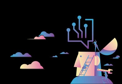 Illustration of digital speech bubble coming out of man's head