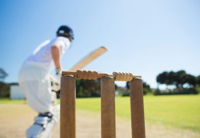 View of a cricket batsman from behind the stumps