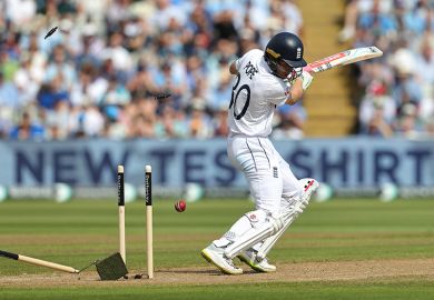 Ollie Pope of England plays the ball onto his stumps during the 3rd Test Match between England and the West Indies at Edgbaston on 27 July 2024 in Birmingham, England. To illustrate the 'one strike and you're out' submission rule announced by NERC Ollie Pope of England plays the ball onto his stumps during the 3rd Test Match between England and the West Indies at Edgbaston on 27 July 2024 in Birmingham, England. To illustrate the 'one strike and you're out' submission rule announced by NERC