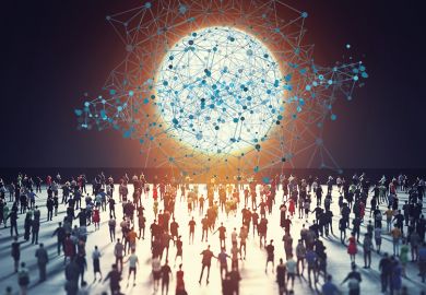 Crowd walking towards sun with data elements to illustrate more universities being involved in the rankings and new datasets