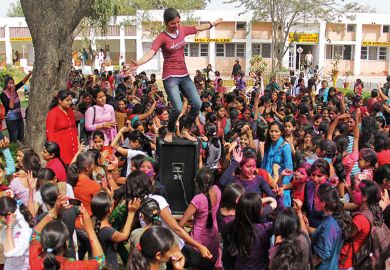 A crowd of students at a campus in India A crowd of students at a campus in India