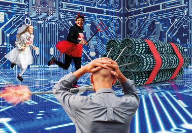 Man with his hands on his head, students in fancy dress and sticks of dynamite against a backdrop of circuitry Man with his hands on his head, students in fancy dress and sticks of dynamite against a backdrop of circuitry