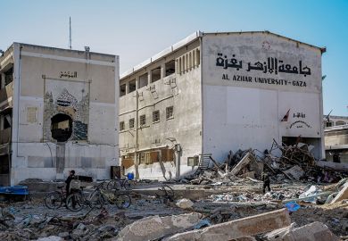 A picture taken on February 15, 2024 shows the heavily damaged building of Al-Azhar University in Gaza City, amid the continuing war between Israel and the Palestinian Hamas movement