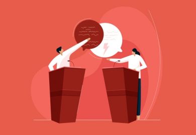 Illustration: Two people debate at lecterns Illustration: Two people debate at lecterns