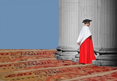 Montage of Professor Deborah Prentice, Vice-Chancellor of the University of Cambridge, as she processes ceremonially into Senate House, on a floor made of cash. To illustrate vice-chancellor pay.