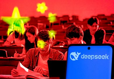 Montage of phone showing the DeepSeek logo, Chinese students and Chinese flag.