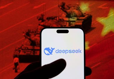 Montage of phone with DeepSeek logo and Chinese flag with Tiananmen square tanks in background, illustrating concerns over "censorship" within the AI chatbot.