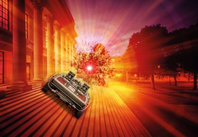 Delorian car on steps of building