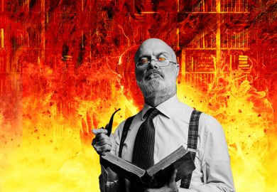 University professor with fire and devil behind him, illustrating the demonisation of liberalism that is damning US universities.