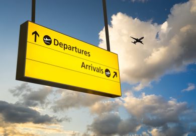 A plane flying over a departures and arrivals sign A plane flying over a departures and arrivals sign, symbolising internationalisation