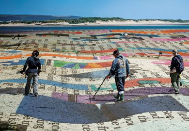 Montage of metal detectorists on beach with newsprint. To illustrate the scramble to create AI essay detectors. Montage of metal detectorists on beach with newsprint. To illustrate the scramble to create AI essay detectors.
