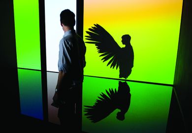 “The Treachery of Sanctuary” by Chris Milk in the “Digital Revolution” exhibition at the Barbican in London, 2014, illustrating a news article about Britain using Silicon Valley innovation model