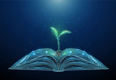 A digitised book with a tree growing out of it, symbolising the digital humanities