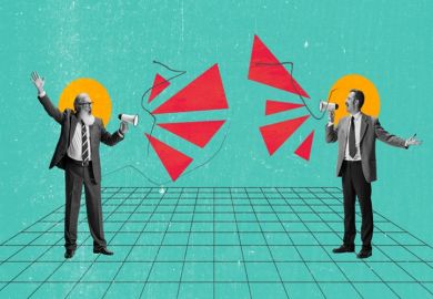 Two people shout at each other through megaphones