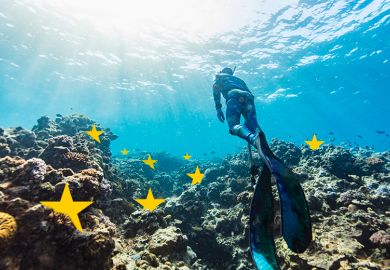A diver in the Great Barrier Reef, Australia, with stars from the European Union flag on the seabed. To illustrate Australian universities renewing their campaign to join Horizon Europe. A diver in the Great Barrier Reef, Australia, with stars from the European Union flag on the seabed. To illustrate Australian universities renewing their campaign to join Horizon Europe.