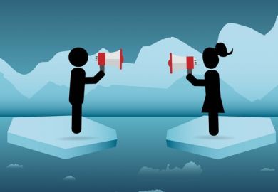 People shout at each other from difference icebergs, symbolising methodological differences