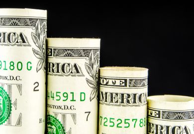 A bar chart of dollars, stepping down, illustrating declining funding for universities