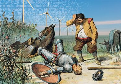 Illustration from Don Quixote by Miguel Cervantes. Sancho Panza finds Don Quixote after he unsuccessfully attacks a windmill (edited to show modern wind turbines).
