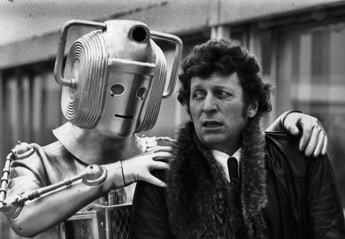 Dr Who (Tom Baker) looks concerned as a cyberman grabs his shoulders. To illustrate that most academics strongly opposed to using AI in REF 2029. Dr Who (Tom Baker) looks concerned as a cyberman grabs his shoulders. To illustrate that most academics strongly opposed to using AI in REF 2029.