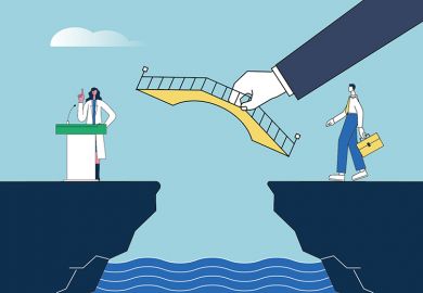 A hand places a bridge between a scientist and a manager, illustrating the role of educational developers