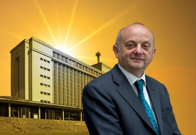 Edward Peck, with Nottingham Trent University and sunburst in the background. To illustrate Peck's belief that the Labour government’s newly expanded higher education target could lead to a “golden age” for universities.