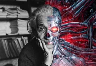 Montage of Albert Einstein with a cyborg, to illustrate Einstein AI.