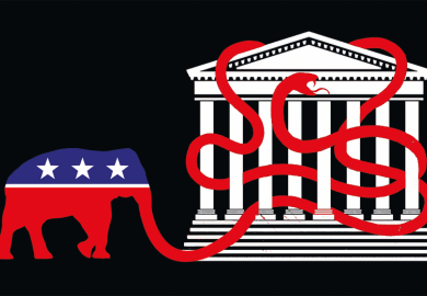 Illustration: an elephant winds its trunk around and through a Capitol building Illustration: an elephant winds its trunk around and through a Capitol building