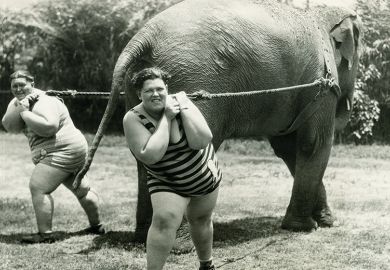 Two people dragging an elephant